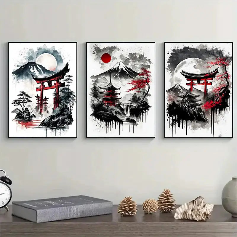 Three framed DecorBites™ japanese natural landscape canvas wall art pieces featuring red torii gates and pagodas in ink wash