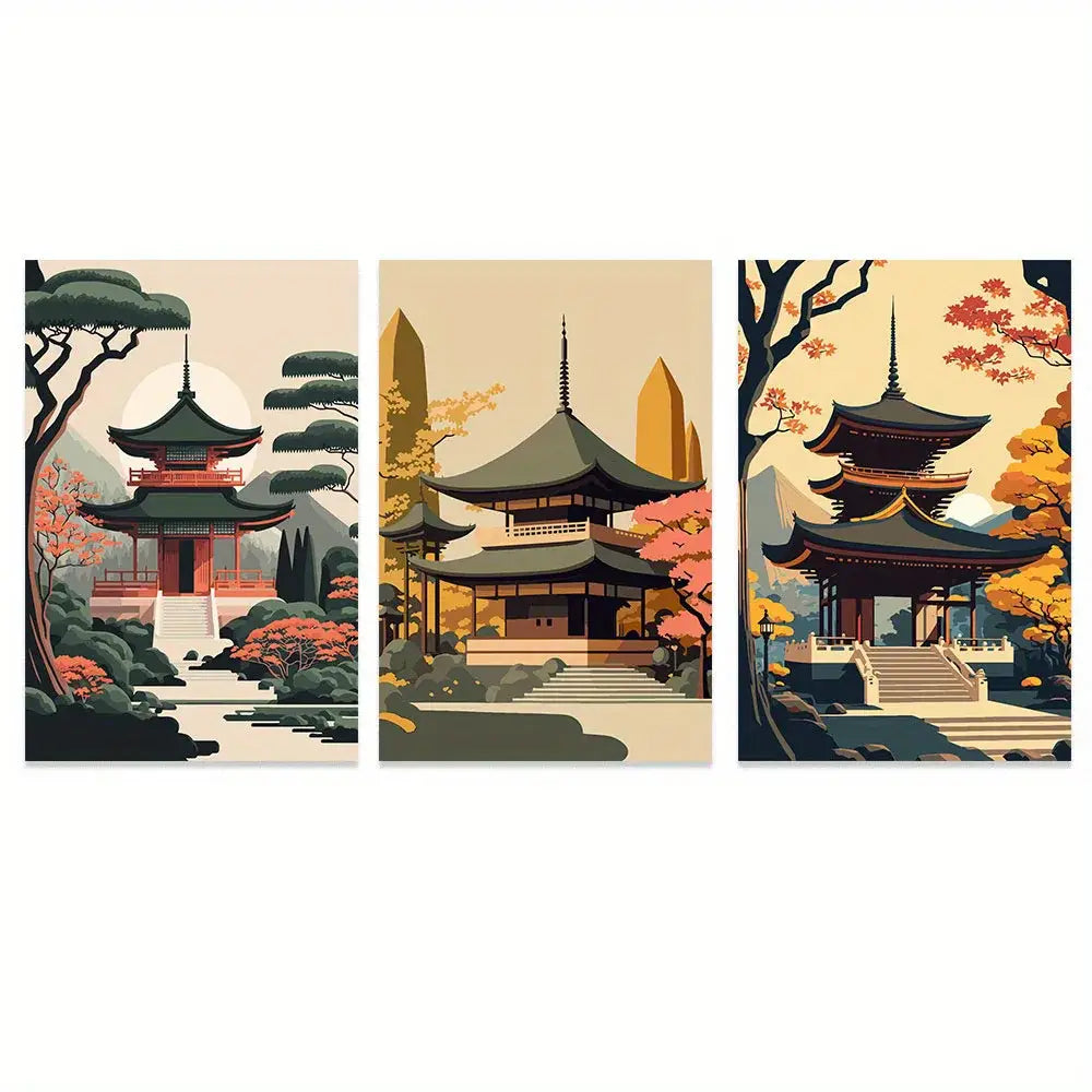 Set of three decorbites™ japanese natural landscape canvas prints featuring traditional pagodas with autumnal trees