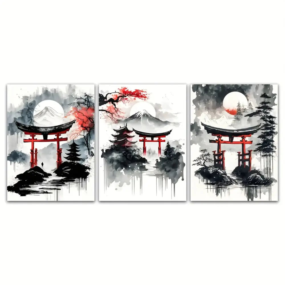 Set of three minimalist japanese natural landscape ink wash paintings featuring red torii gates and cherry blossoms