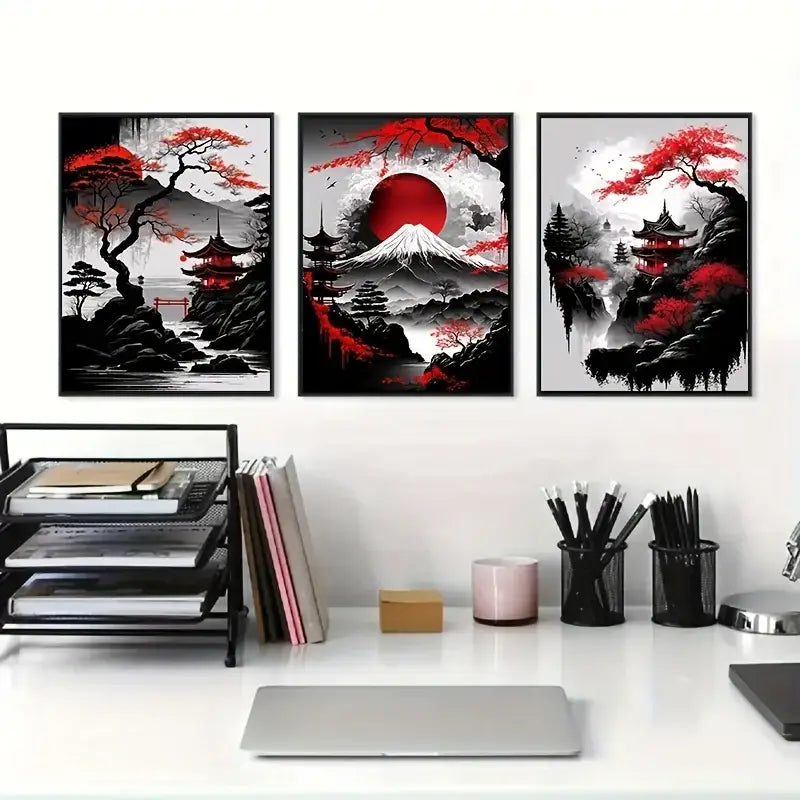 Three framed DecorBites™ japanese natural landscape canvas wall art pieces with black and white and red accents