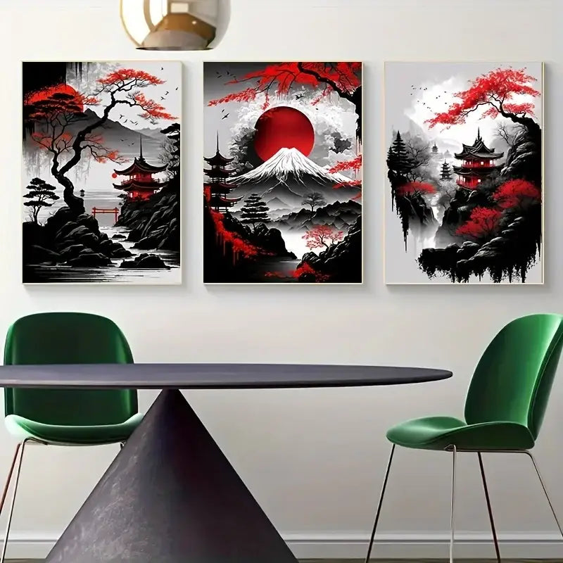 Set of three black white and red japanese natural landscape canvases featuring mount fuji and traditional pagodas by decorbites