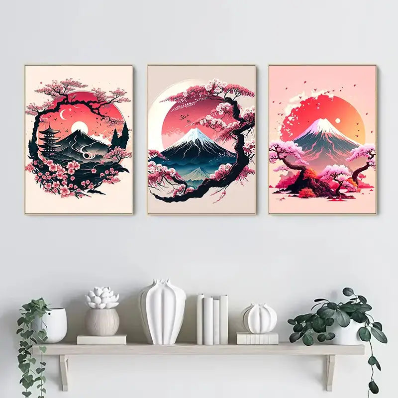 Three framed japanese natural landscape art prints featuring mount fuji cherry blossoms and vibrant pink-orange sunsets