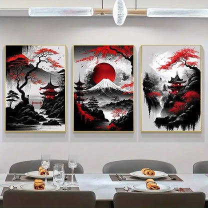 Three framed decorbites™ japanese natural landscape canvas wall art pieces with red and black ink wash mount fuji scenes