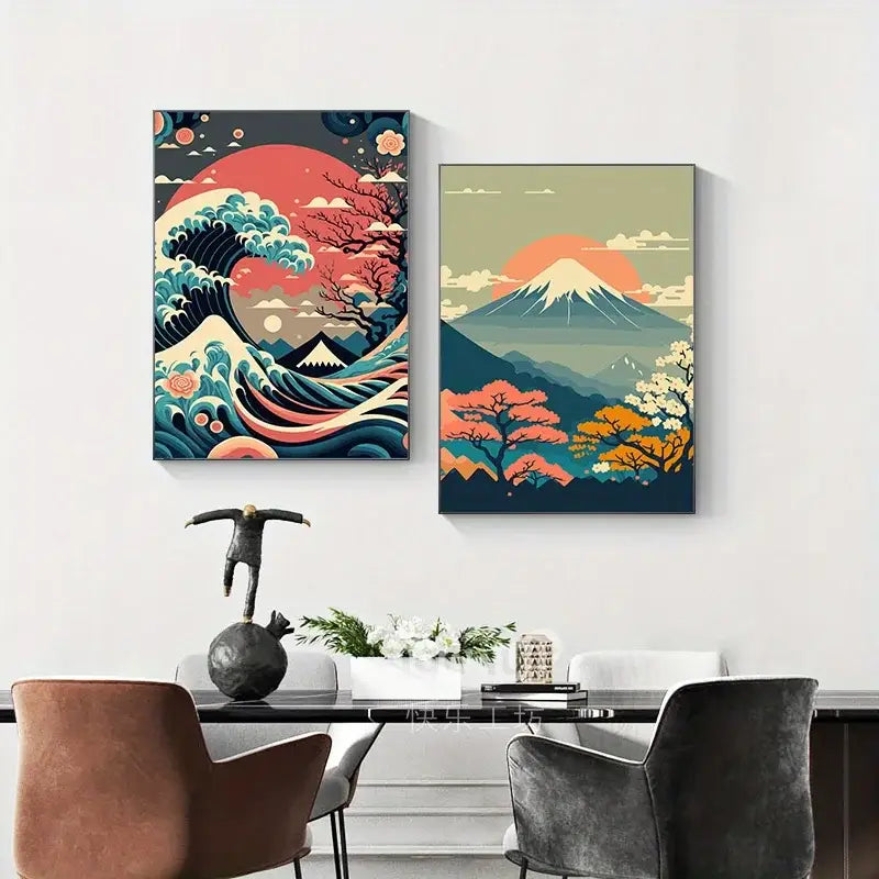 Black sculptural figurine balancing on spherical base complementing japanese nature landscape wall art decorbites
