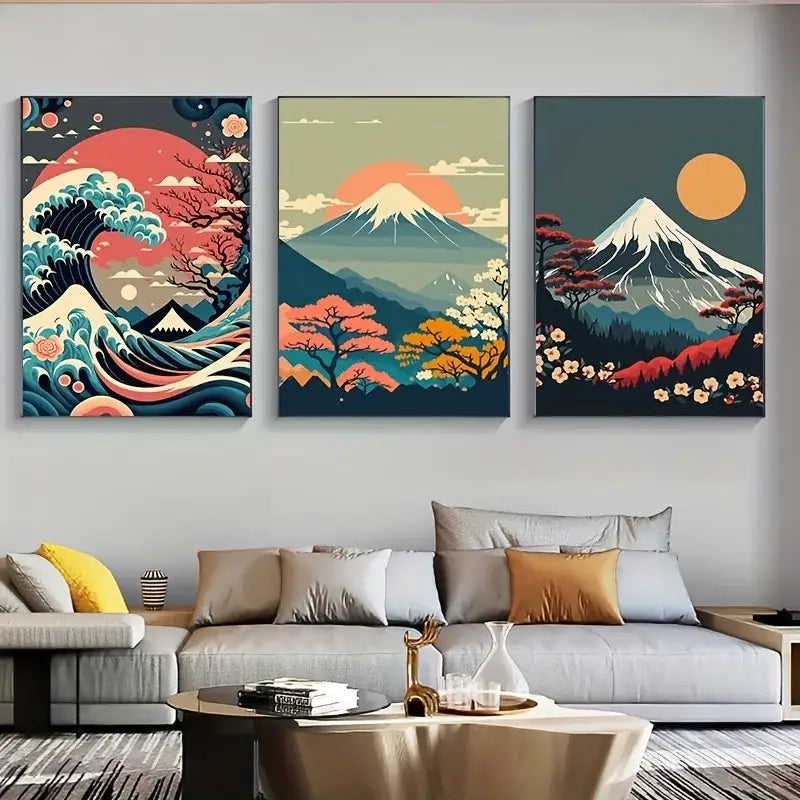 Set of three vibrant decorbites™ japanese nature landscape wall art canvases featuring coral pink teal orange on dark backgrounds