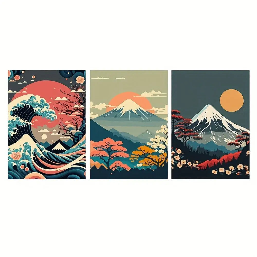 Set of three vibrant retro-inspired decorbites™ japanese nature landscape canvas wall art featuring stylized mountains and waves