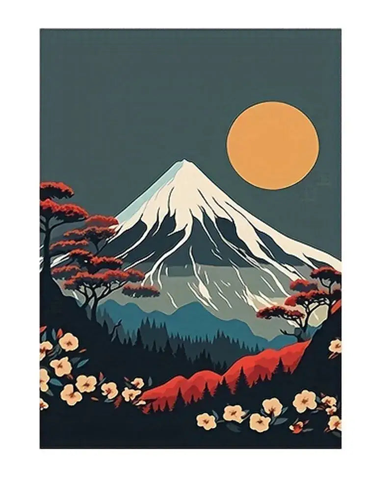 Stylized decorbites™ japanese nature landscape wall art featuring mount fuji with red leaves and a warm orange sun