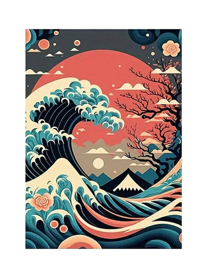 Stylized decorbites™ japanese nature landscape wall art featuring a vibrant teal wave red sun and snow-capped mountains