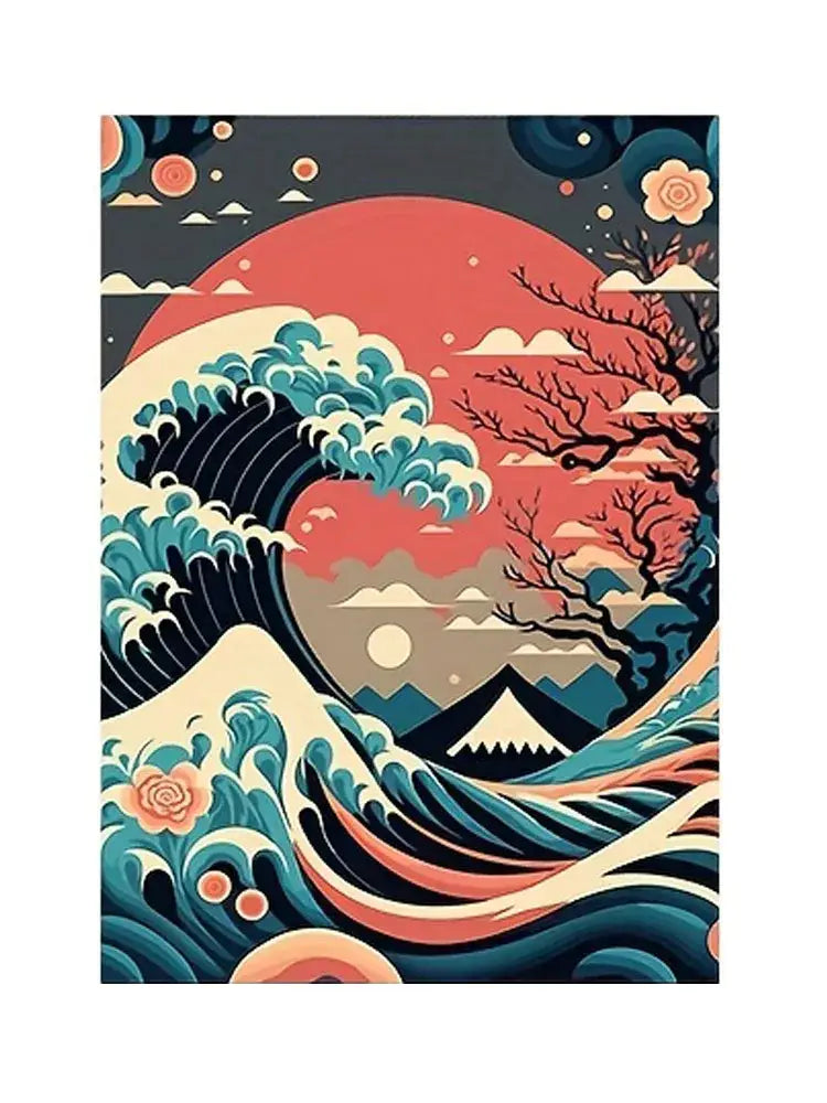 Stylized decorbites™ japanese nature landscape wall art featuring a vibrant teal wave red sun and snow-capped mountains
