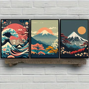 Three framed decorbites™ japanese nature landscape canvas wall art featuring vibrant mount fuji waves and cherry blossoms