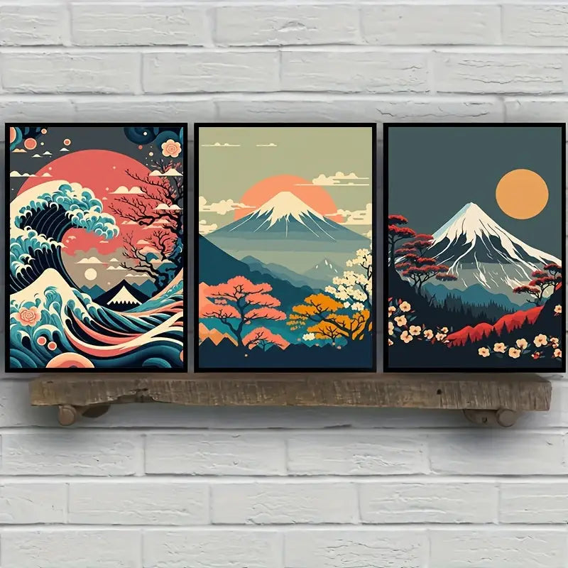 DecorBites™ japanese nature landscape wall art featuring three framed prints of waves, Mount Fuji, and cherry blossoms in coral teal and gold