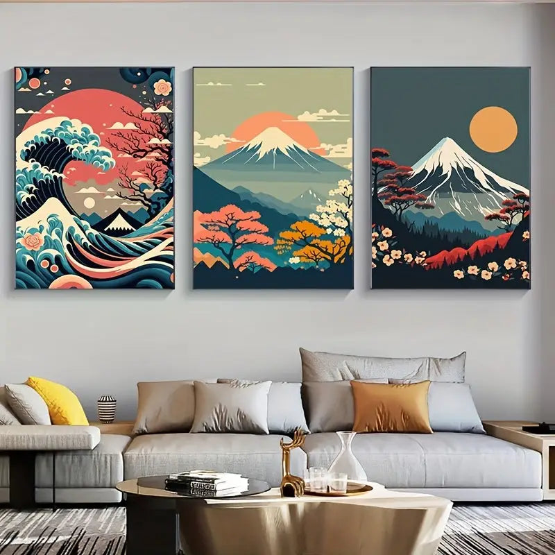 Three framed DecorBites™ japanese nature landscape wall art prints featuring vibrant mountains waves and blossoms