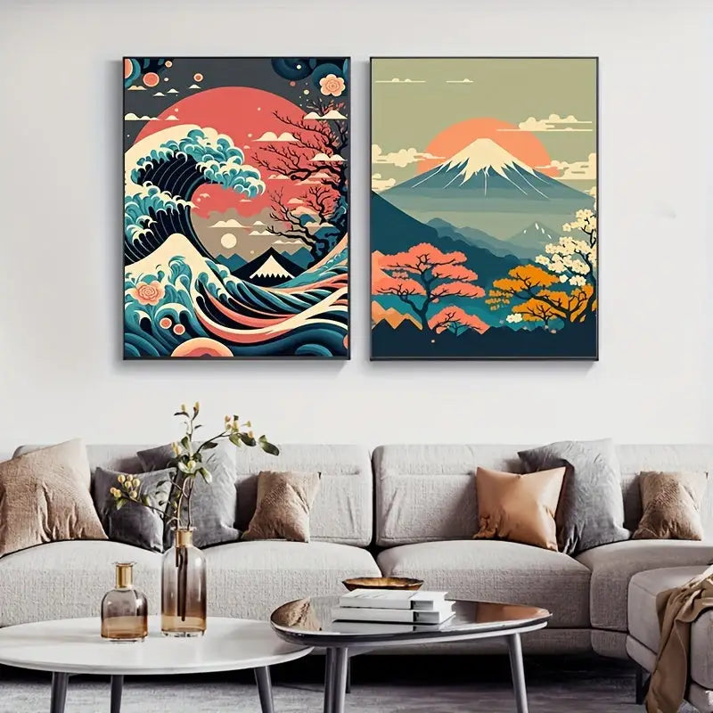Two framed decorbites™ wall art pieces featuring stylized japanese nature landscape hang above gray sectional sofa