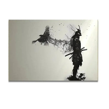 Decorbites™ japanese samurai man with crow black ink splatter wall art for living room on light gray background