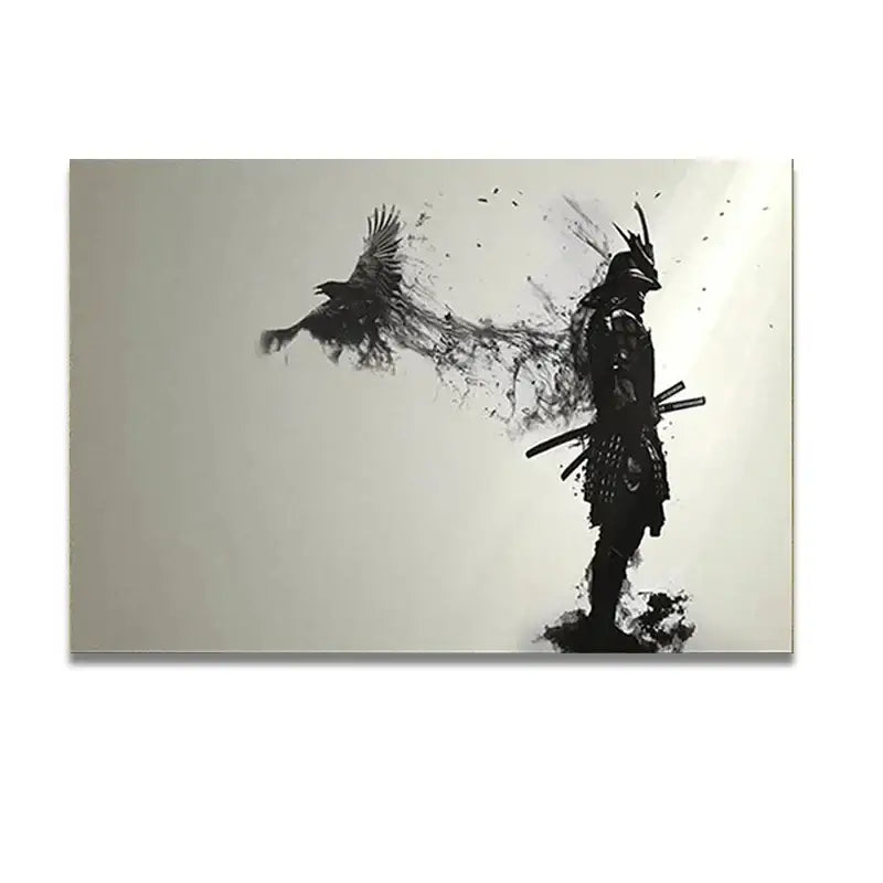 Decorbites™ japanese samurai man with crow black ink splatter wall art for living room on light gray background