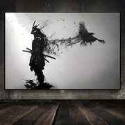 DecorBites™ black samurai man wall art with crow ink-stroke on gray textured canvas for living room decor