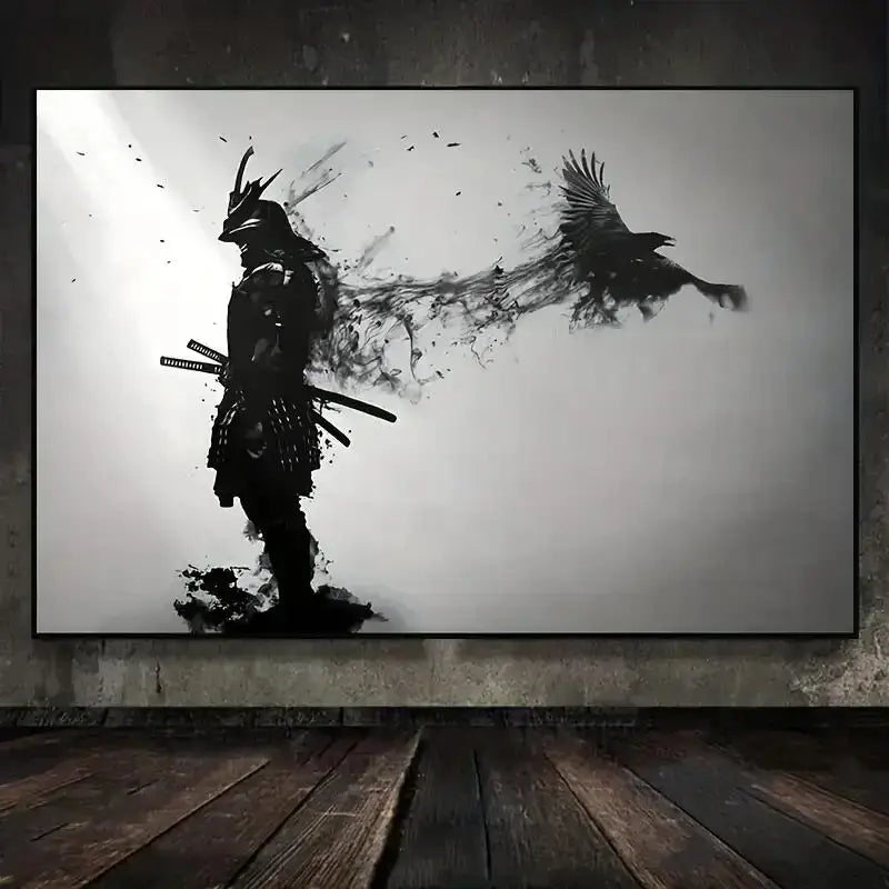 DecorBites™ black samurai man wall art with crow ink-stroke on gray textured canvas for living room decor