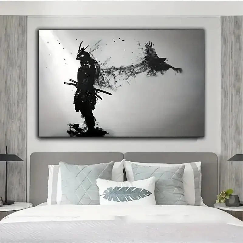 Black and white canvas print of samurai man with swords and crow in flight for living room decor by DecorBites™