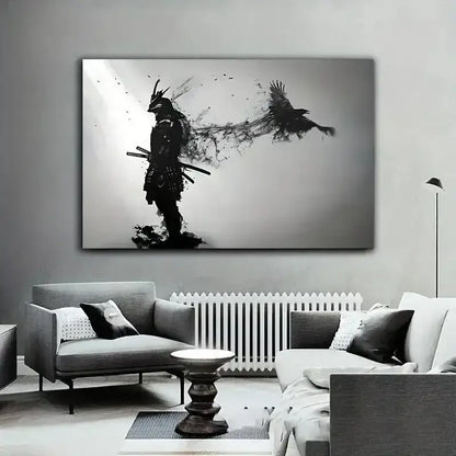 Black and white canvas print of a samurai man with swords and a crow perfect for living room decor by DecorBites™