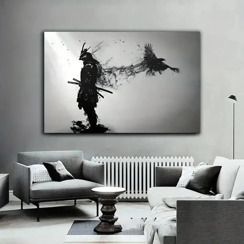 Black and white canvas print of a samurai man with swords and a crow perfect for living room decor by DecorBites™
