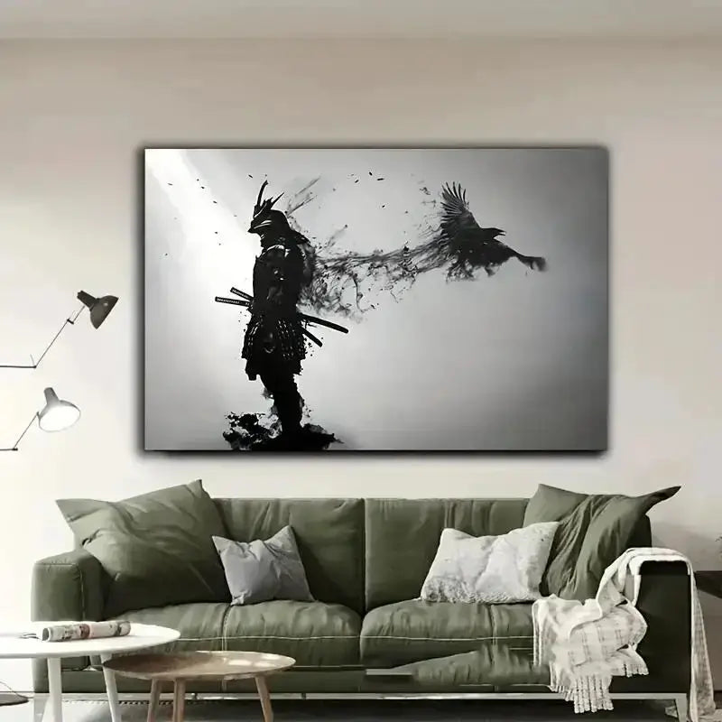 Black and white canvas print of a samurai man with swords and a crow flying, ideal for living room decor