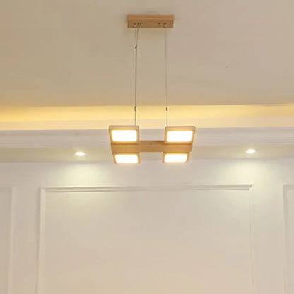 Decorbites™ japanese wood square led pendant light with four wooden panels and acrylic shade emitting warm illumination