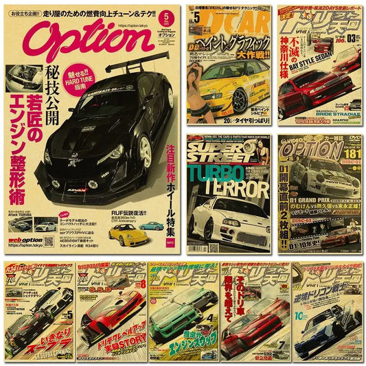 DecorBites™ JDM retro racing car poster print featuring a black matte sports car with rear spoiler and white-rimmed wheels