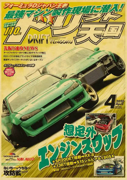 Decorbites™ jdm retro racing poster print featuring green nissan skyline r34 with custom engine swap and aerodynamic kit
