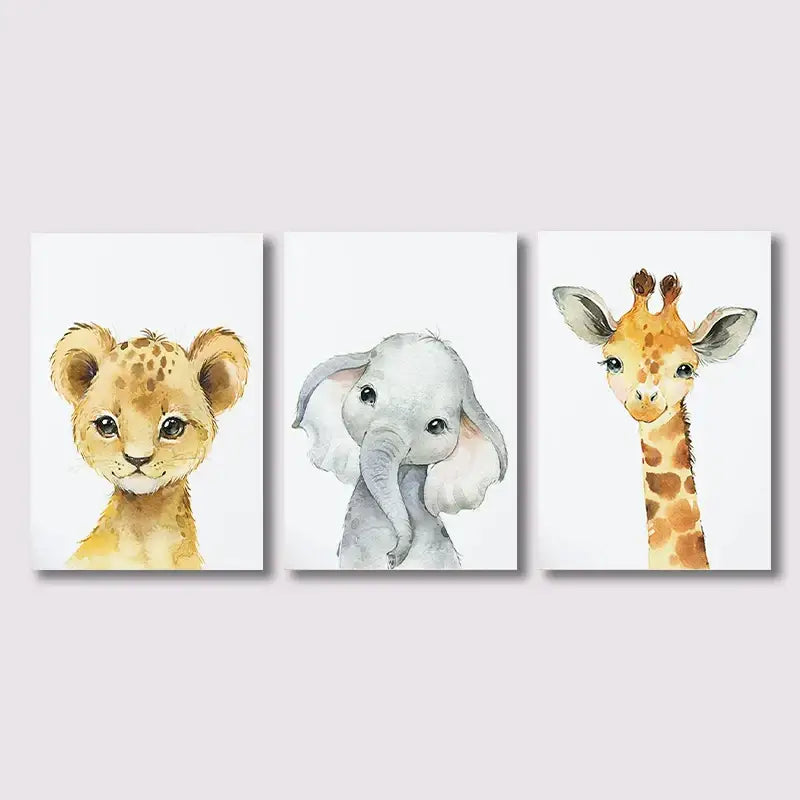 Set of three DecorBites™ jungle animal nursery wall art prints featuring lion cub, elephant, and giraffe on white backgrounds