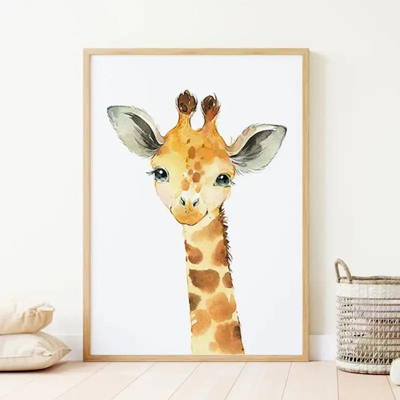 A watercolor painting of a giraffe with orange and brown spots in a light wood frame for animal nursery wall decor