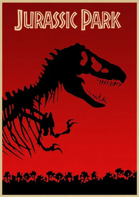 Black silhouette of t-rex skeleton on red background with jurassic park title in white on dinosaur canvas wall art