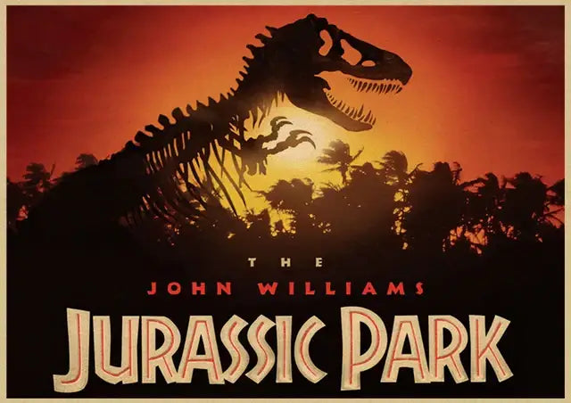 Decorbites™ jurassic park dinosaur canvas wall art featuring t-rex skeleton silhouette against fiery sunset background