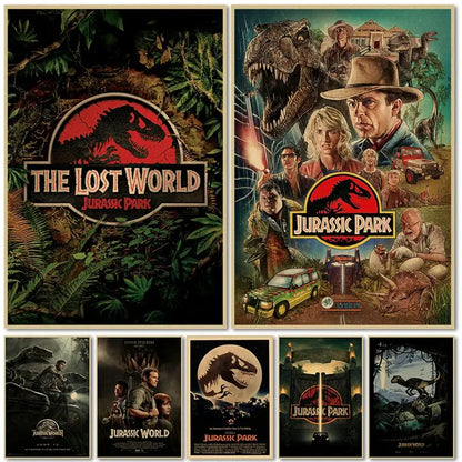 Set of jurassic park dinosaur canvas wall art featuring vibrant artwork with dinosaurs characters and logos
