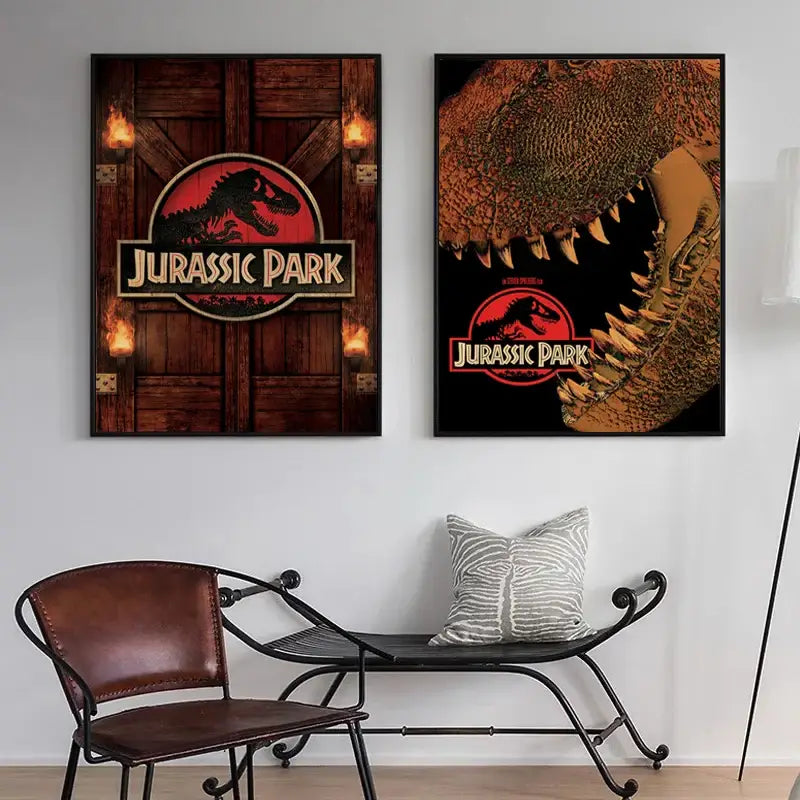 Two framed jurassic park dinosaur canvas wall art featuring the iconic logo on a wooden door and a t-rex jaws close-up