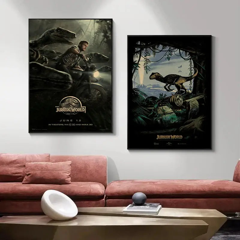 Two framed jurassic park dinosaur canvas posters hang above a pink sofa in decorbites™ wall art display