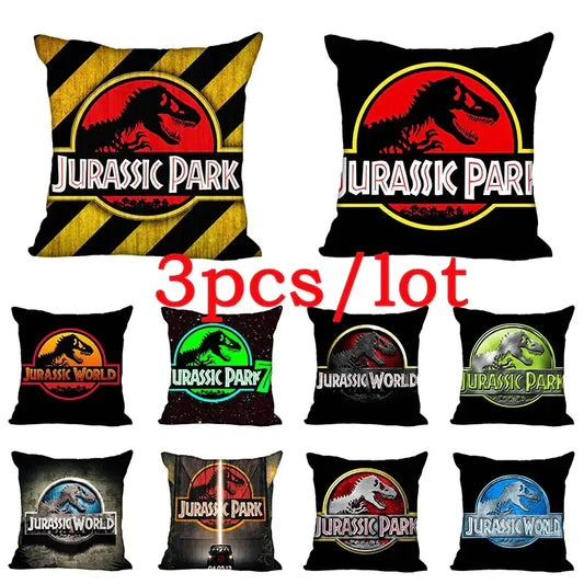 Set of nine decorbites jurassic park dinosaur pillowcases with iconic logos in black yellow green red blue and metallic colors