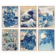 Set of six framed ukiyo-e prints in blue and cream featuring katsushika hokusai blue waves with traditional borders