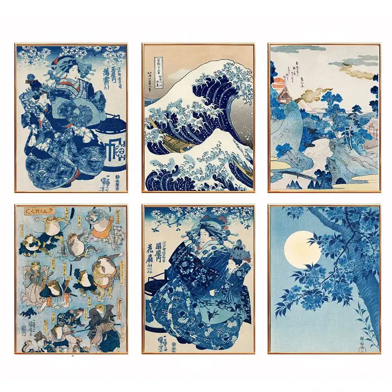 Set of six framed ukiyo-e prints in blue and cream featuring katsushika hokusai blue waves with traditional borders
