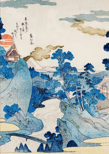 Decorbites™ katsushika hokusai blue waves canvas wall art featuring serene mountain landscape with blue trees and pagodas