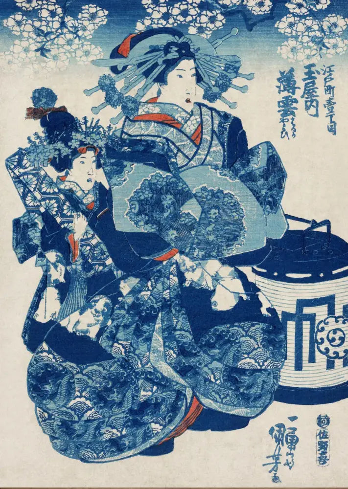 Decorbites™ katsushika hokusai blue waves canvas wall art featuring two women in ornate blue and white kimono
