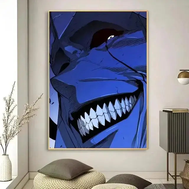 Blue anime canvas wall art featuring a menacing toothy face in a thin gold frame by decorbites kawaii cat