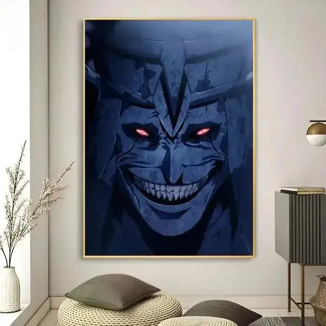 Dark blue kawaii cat anime canvas wall art with glowing red eyes and gold frame by decorbites™