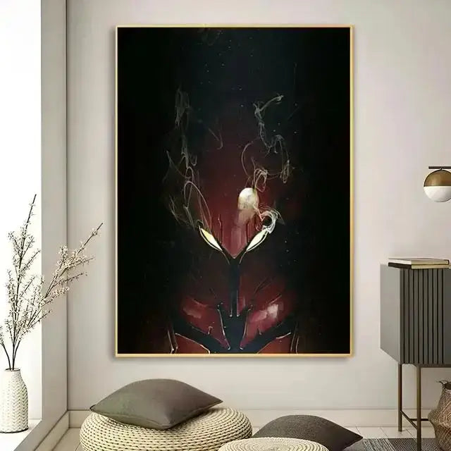 A framed DecorBites™ kawaii cat anime canvas wall art featuring a dark abstract design with glowing eyes and red smoke patterns