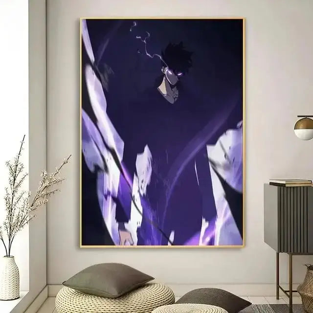 Decorbites kawaii cat anime canvas wall art with dark-haired character and glowing eyes on purple and black energy background