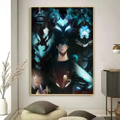 DecorBites™ kawaii cat anime canvas wall art features a framed anime canvas with glowing blue and black demonic faces