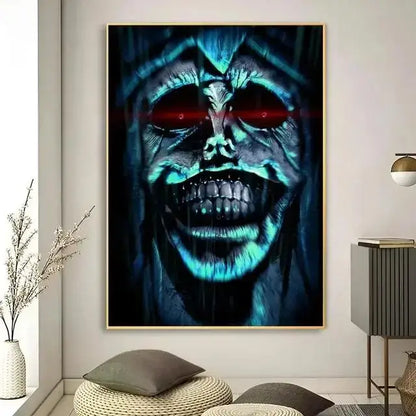 DecorBites™ kawaii cat anime canvas wall art featuring a teal and black horror-themed canvas with glowing red eyes