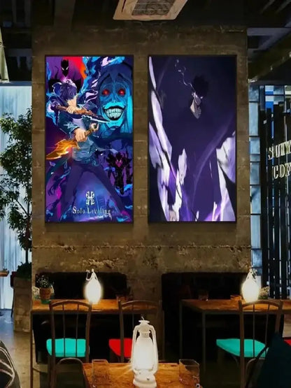 Vibrant blue and purple solo leveling anime canvas wall art posters from decorbites kawaii cat anime canvas displayed on stone wall