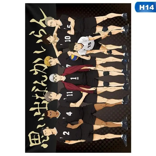 Black and white haikyuu anime canvas wall art featuring a volleyball team in matching uniforms with one player holding a ball