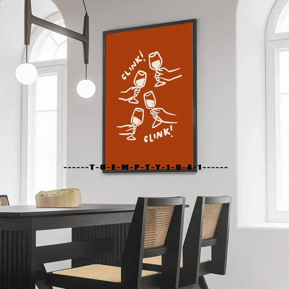 Orange framed wall art with white line drawings of clinking wine glasses and clink for kitchen gallery wall prints