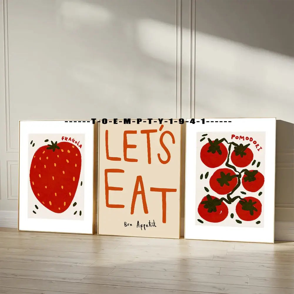 Three framed decorbites kitchen gallery wall prints featuring playful hand-drawn strawberry pomod and bon appétit designs